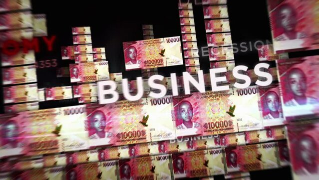 Guinea Franc money loop 3d animation. Camera flying between Guinean GNF banknotes. Finance, economy, crisis, business success, recession, debt and tax seamless looped concept.