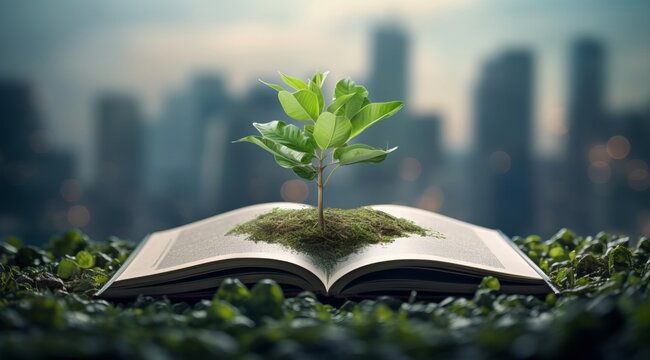 a tree is growing out of an open book, book with green plant, concept ecology book, book, open, education, tree, paper, literature, page, nature, knowledge