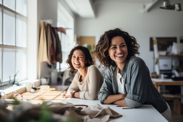 Two women laughing joyously while working together at a bright, creative studio