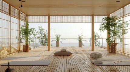Explore the concept of a balcony yoga studio, where bamboo flooring, minimal decor, and panoramic views inspire mindfulness and tranquility. 