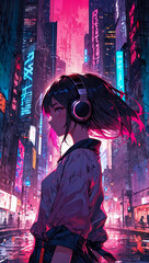 Anime girl with headphones listening and vibing to music with a cyberpunk city skyline as background