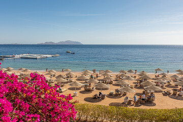 Summer background with tropical beach. Holiday vacation and travel adventure concept.