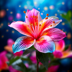 tropical flower with background concept blank bloom burst, tropical flowers painted on black background,generate ai
