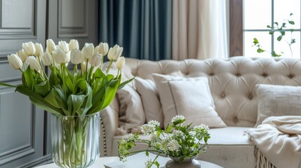 white flowers around modern sofa
