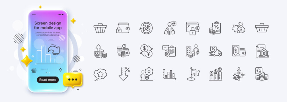 Tax document, Job and Delivery discount line icons for web app. Phone mockup gradient screen. Pack of Block diagram, Wallet money, Shopping basket pictogram icons. Vector