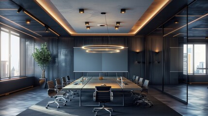 Modern conference interior and screens on the wall. The concept of workplace and enterprise. 3d Rendering illustration  - obrazy, fototapety, plakaty