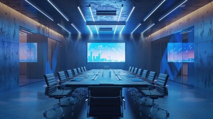 Modern conference interior and screens on the wall. The concept of workplace and enterprise. 3d Rendering illustration - obrazy, fototapety, plakaty