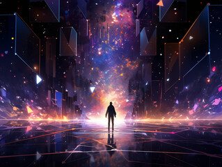 abstract background of a man walking through a colorful wormhole in outer space.