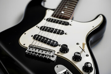 Fototapeta na wymiar Close-Up View of Retro-Style Electric Guitar in High-Gloss Black Finish