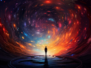 abstract background of a man walking through a colorful wormhole in outer space. - obrazy, fototapety, plakaty