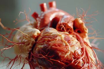 Human heart over gray background. Close up