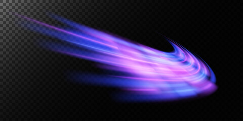 Abstract light lines of movement and speed with purple color sparkles. Light everyday glowing effect. semicircular wave, light trail curve swirl, car headlights, incandescent optical fiber.	