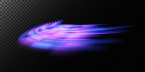 Abstract light lines of movement and speed with purple color sparkles. Light everyday glowing effect. semicircular wave, light trail curve swirl, car headlights, incandescent optical fiber.	