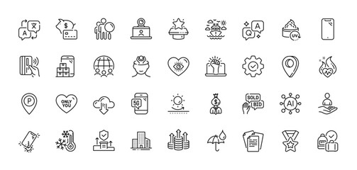 Parking, Manager and Security agency line icons pack. AI, Question and Answer, Map pin icons. Meditation eye, Video conference, Cloud download web icon. Vector