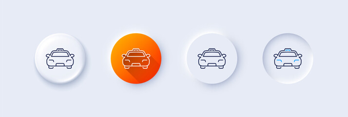 Taxi line icon. Neumorphic, Orange gradient, 3d pin buttons. Client transportation sign. Passengers car symbol. Line icons. Neumorphic buttons with outline signs. Vector