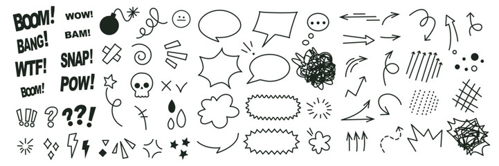 Anime emotion effect set. Doodle hand drawn text bang, boom, pow, wow. Hand drawn cartoon explosion bomb effect, splash, exclamation. Arrows and speech bubbles. Vector illustration - Powered by Adobe