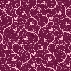 seamless pattern with swirls and silhouette of pink butterflies on a burgundy background