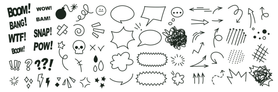 Anime emotion effect set. Doodle hand drawn text bang, boom, pow, wow. Hand drawn cartoon explosion bomb effect, splash, exclamation. Arrows and speech bubbles. Vector illustration