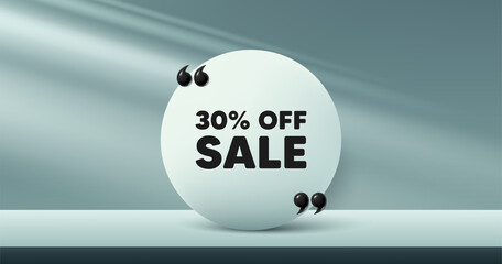 Sale 30 percent off discount. Circle frame, product stage background. Promotion price offer sign. Retail badge symbol. Sale round frame message. Minimal design offer scene. 3d comma quotation. Vector