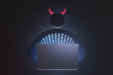 Black silhouette of devil in front of a silver laptop projecting binary codes on its body in dark background. Illustration of the concept of computer crime, hackers, phishing and online scams