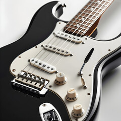Close-Up View of Retro-Style Electric Guitar in High-Gloss Black Finish - obrazy, fototapety, plakaty