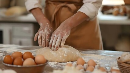 Housewife kneading dough to make elastic gluten with chicken eggs . Concept Cooking, Baking, Homemade, Culinary Arts, Kitchen Skills