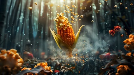 Spicy Popcorn Popping from Enchanted Corn Cob in Magical Forest