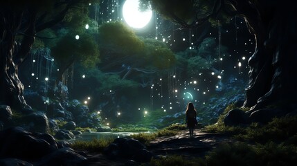 Highfidelity 3D avatar in a fantasy forest setting engaging with mystical creatures and magical elements suitable for immersive storytelling or roleplaying games