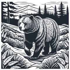 Grizzly bear in the forest. Vector illustration