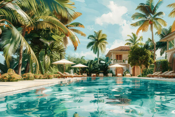 Fototapeta premium a luxurious pool and hotel interior for a summer holiday or in warm countries. Beautiful tropical beach hotel resort with swimming pool, sun loungers and palm trees