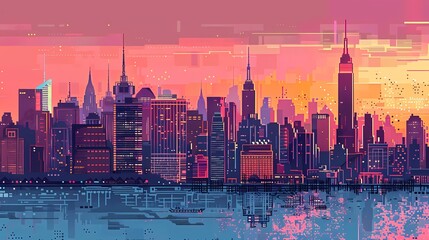 Retro pixel city illustration poster background
