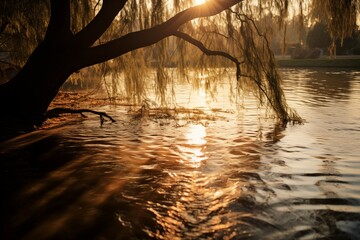 Shadow of beautiful willow tree in the water in a sylvan park