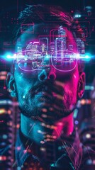 Man with Futuristic Digital Overlay and Cityscape
