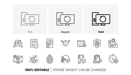 Chemistry beaker, Covid test and Accounting line icons. Pack of Medical mask, Electronic thermometer, Settings icon. Prescription drugs, Fingerprint, Recovery computer pictogram. Line icons. Vector