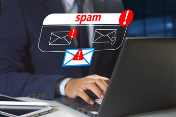 cyberspace and internet security concept,  warning scam, spam, malware, and spyware viruses with warning caution for notification. inbox receiving electronic message alert 