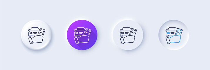 Rent car line icon. Neumorphic, Purple gradient, 3d pin buttons. Buy transport sign. Vehicle down payment symbol. Line icons. Neumorphic buttons with outline signs. Vector