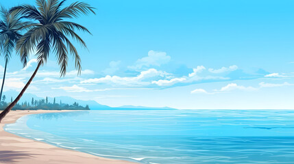 Coastal Serenity, Clear Blue Waters, Palm Trees. Realistic Beach Landscape. Vector Background