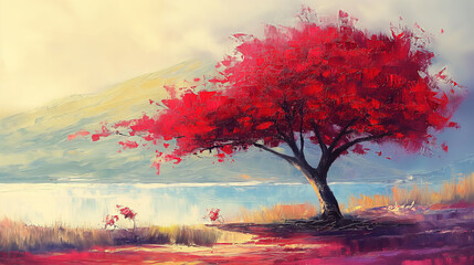 Red tree stand alone near lake and vocano mountain technique of oil painting