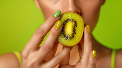 Woman with beautiful manicure holding kiwi on green background - Powered by Adobe