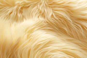 Yellow fur background. Surface wool texture. Copy space for text. Textured furry coat close up. Abstract pattern. Animal hair wallpaper. Lemon colored faux fluffy backdrop. Furry ground. Sheepskin rug