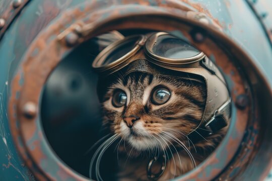 Curious Cat Peering Through Vintage Diving Helmet