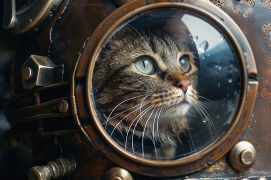 Curious Cat Peering Through Vintage Diving Helmet
