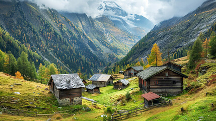 valley in the mountains with wooden houses. AI generative.