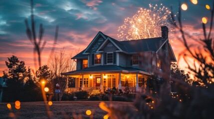 Fireworks show over a single family house in sky for holiday celebration.
