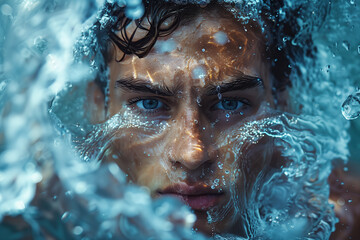 Fragrance advertisement concept. Close up portrait of handsome young man in blue water. High fashion style. Outdoor shot