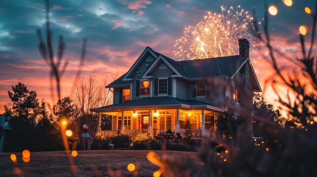 Fireworks show over a single family house in sky for holiday celebration.