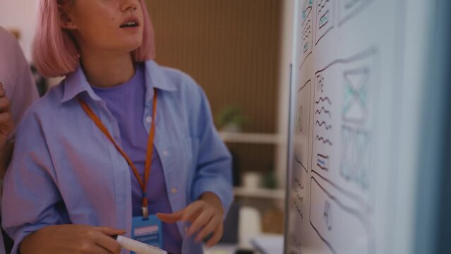 Female IT specialist discussing work project with a colleague near whiteboard