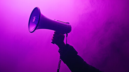 A hand-shaped silhouette clutching a megaphone against a vivid purple backdrop, as if symbolizing...