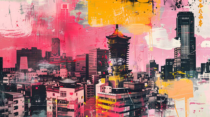 Generative AI, retro grunge pink and yellow collage poster with asian cityscape, different mixed textures
