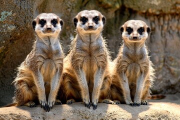 Fototapeta premium Alert Meerkat Trio on Watch in Their Natural Habitat